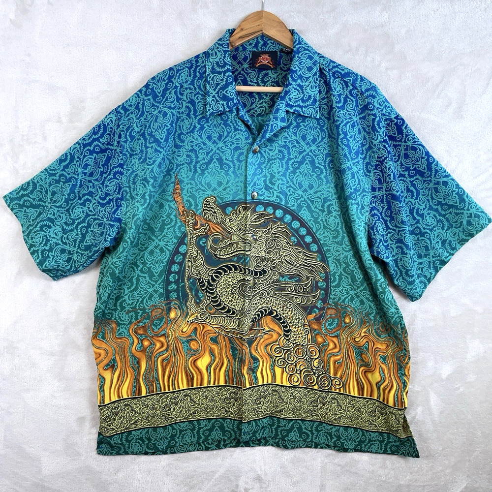7 Diamonds Dragon Shirt AOP Men's XL Vintage Cyber Streetwear Baggy *flaw*